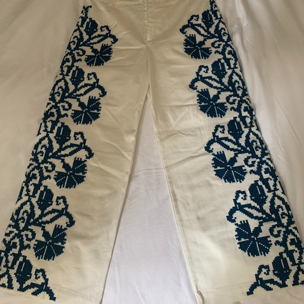 Blue & white embroidered pants- NWT